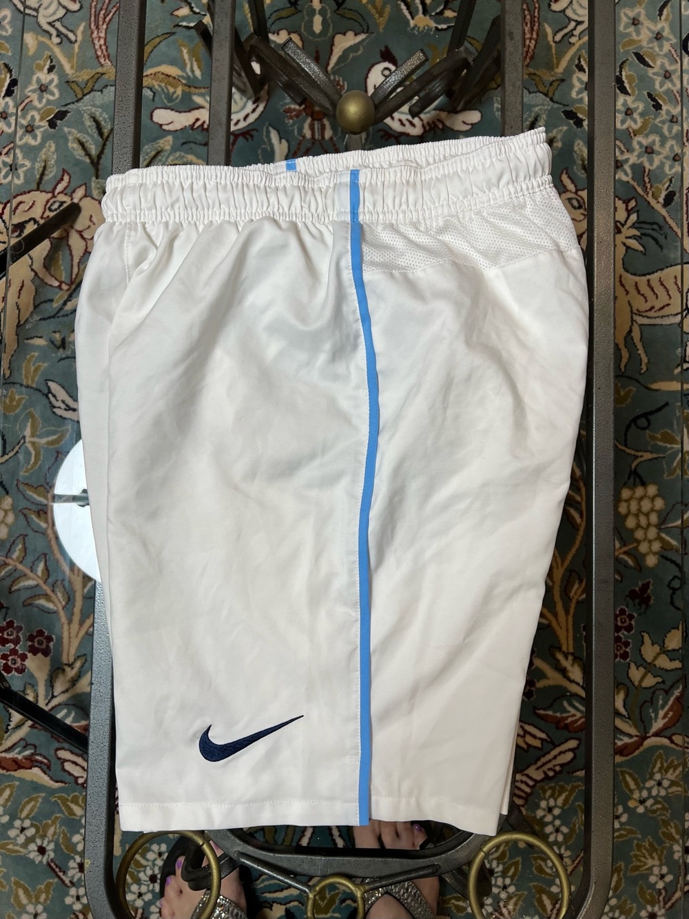Nike Men’s White Athletic Messi Shorts with Light Blue Side Trim - Picture 4 of 9